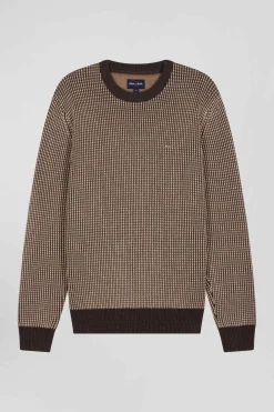 Regular brown wool and cotton crew neck jumper