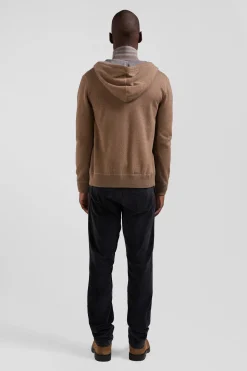 Regular brown wool and cotton knitted zip-up jumper