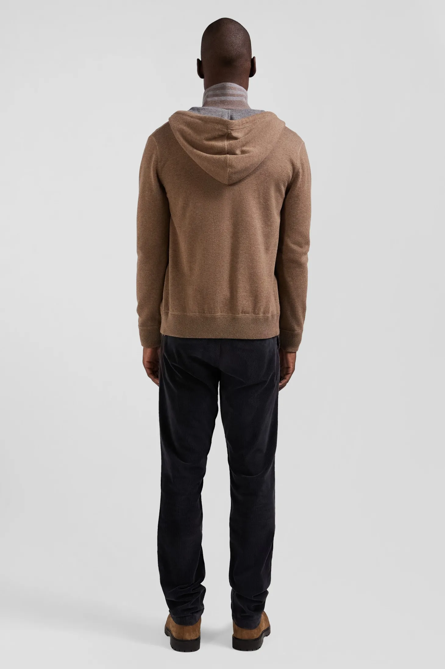 Regular brown wool and cotton knitted zip-up jumper
