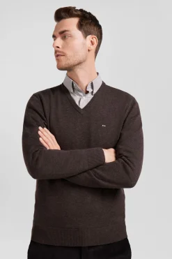 Regular brown wool and cotton V-neck jumper with striped details