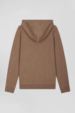 Regular brown wool and cotton knitted zip-up jumper