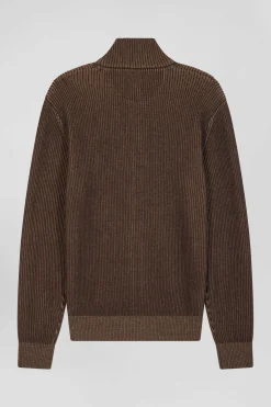 Regular brown wool and cotton zipped cardigan