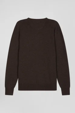Regular brown wool and cotton V-neck jumper with striped details