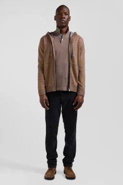 Regular brown wool and cotton knitted zip-up jumper