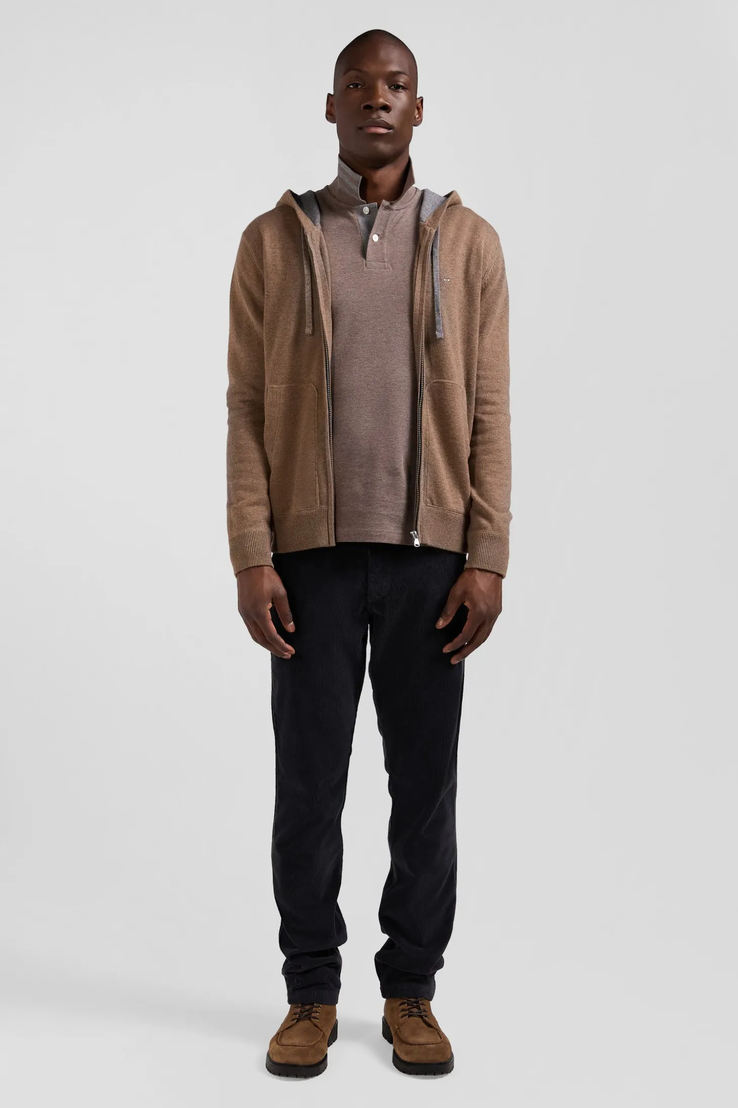 Regular brown wool and cotton knitted zip-up jumper