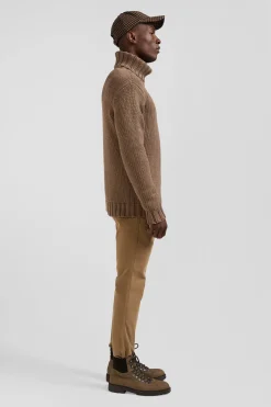 Regular brown wool and cotton blend turtleneck jumper