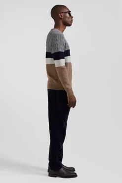 Regular brown wool and cotton crew neck jumper with knit patterns
