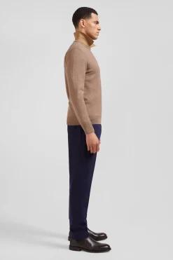 Regular brown wool and cotton crew neck jumper