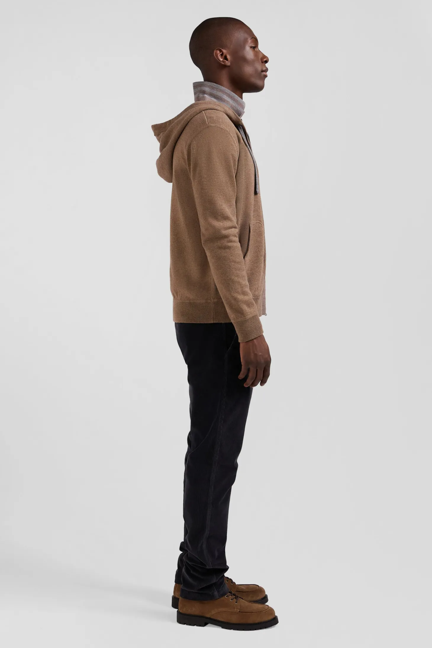 Regular brown wool and cotton knitted zip-up jumper