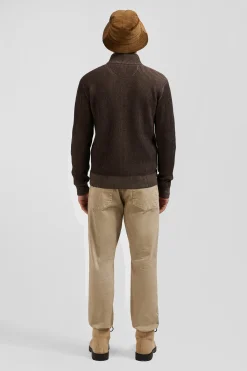 Regular brown wool and cotton zipped cardigan