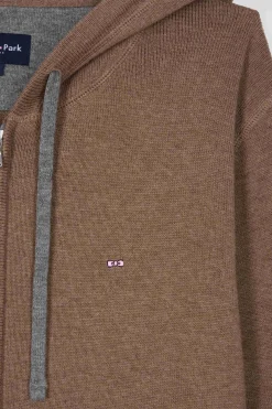 Regular brown wool and cotton knitted zip-up jumper