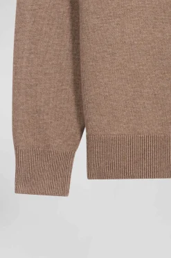 Regular brown wool and cotton crew neck jumper