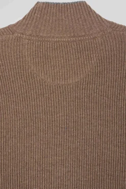 Regular brown wool and cotton high-neck jumper