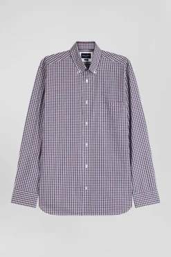 Regular burgundy and white checked cotton poplin shirt