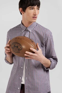 Regular burgundy and white checked cotton poplin shirt