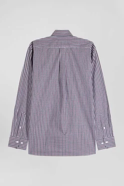Regular burgundy and white checked cotton poplin shirt