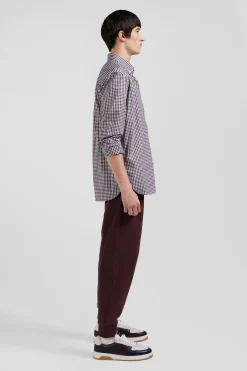 Regular burgundy and white checked cotton poplin shirt
