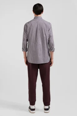 Regular burgundy and white checked cotton poplin shirt