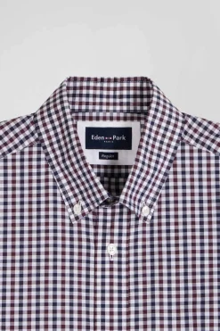 Regular burgundy and white checked cotton poplin shirt