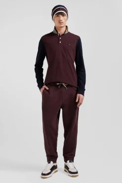 Regular burgundy bicolor long-sleeved cotton piqué polo shirt with jacquard collar