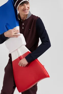 Regular burgundy bicolor long-sleeved cotton piqué polo shirt with jacquard collar
