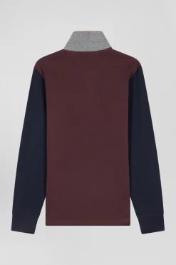 Regular burgundy bicolor long-sleeved cotton piqué polo shirt with jacquard collar