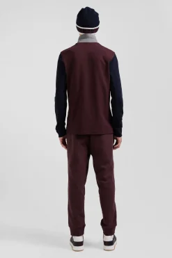 Regular burgundy bicolor long-sleeved cotton piqué polo shirt with jacquard collar