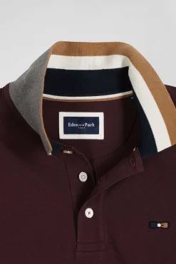 Regular burgundy bicolor long-sleeved cotton piqué polo shirt with jacquard collar