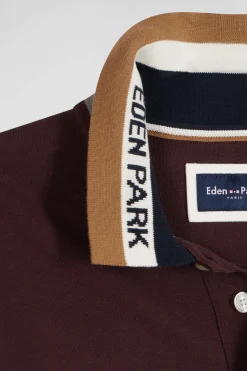 Regular burgundy bicolor long-sleeved cotton piqué polo shirt with jacquard collar