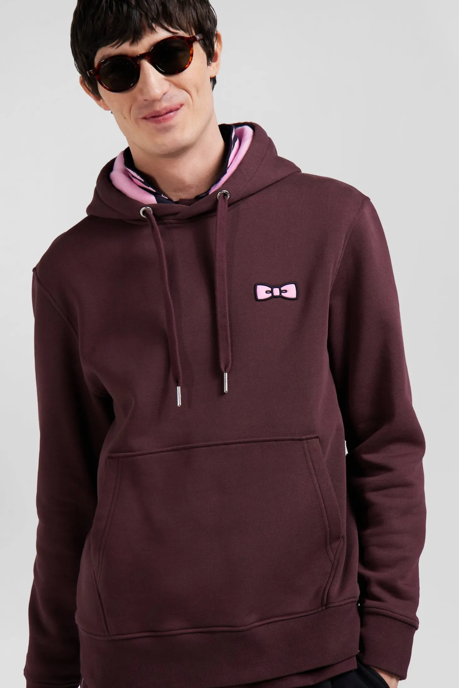 Regular burgundy brushed cotton fleece hoodie with Eden Park embroidery