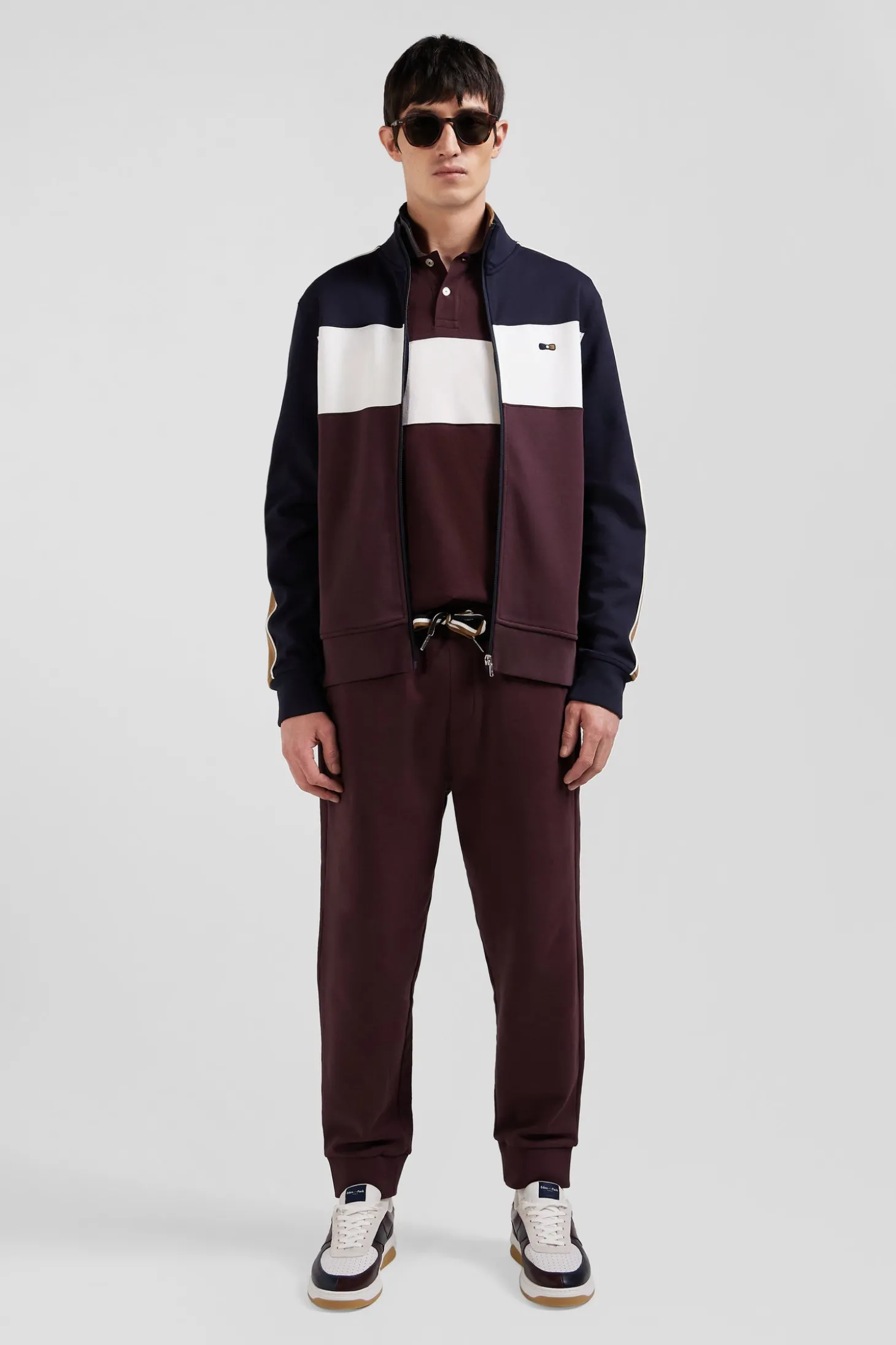 Regular burgundy colorblock zipped cotton blend sweatshirt