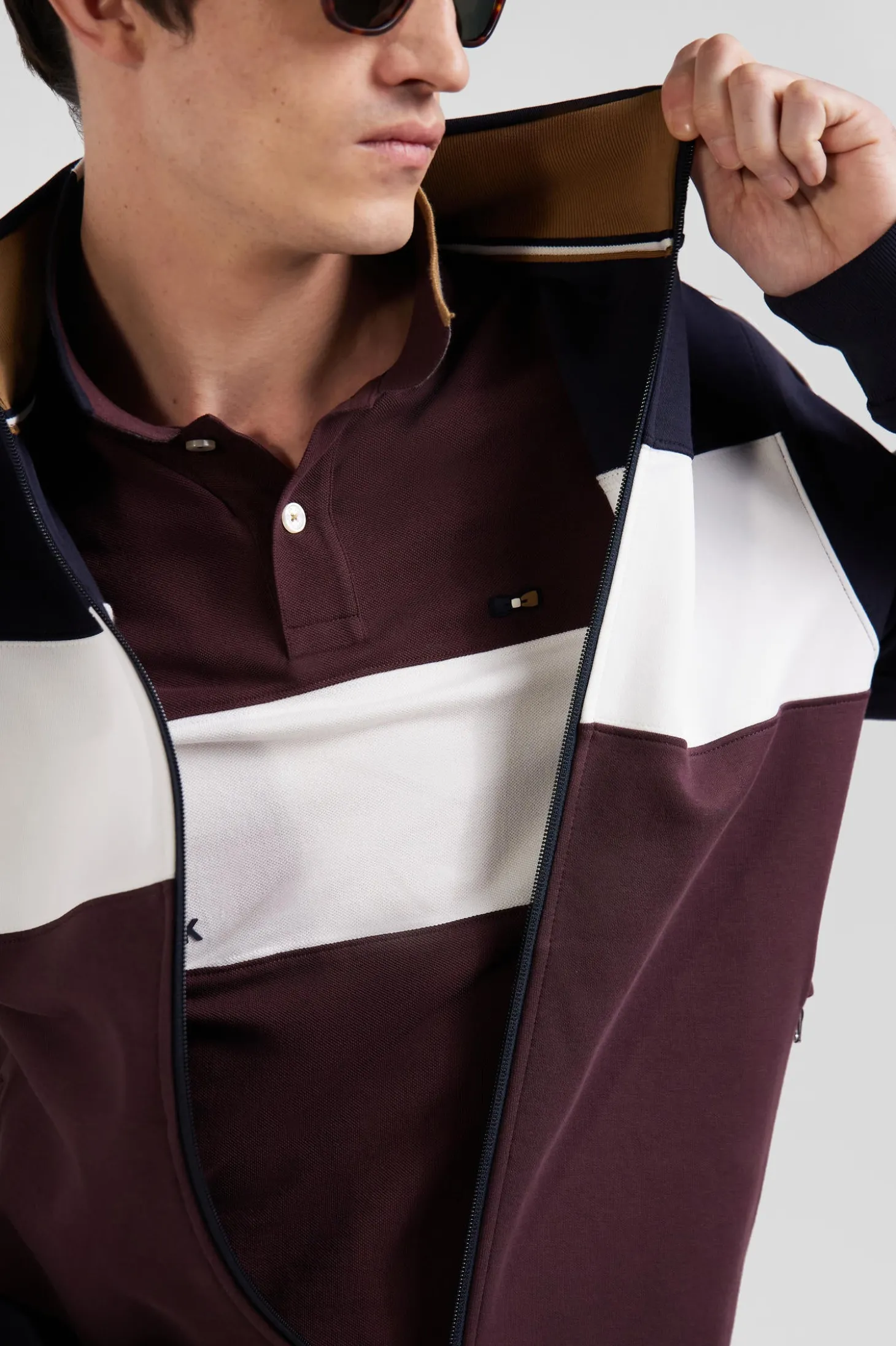 Regular burgundy colorblock zipped cotton blend sweatshirt