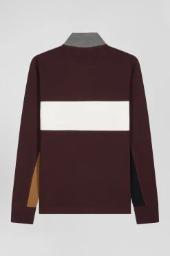 Regular burgundy colorblock long-sleeved cotton piqué polo shirt