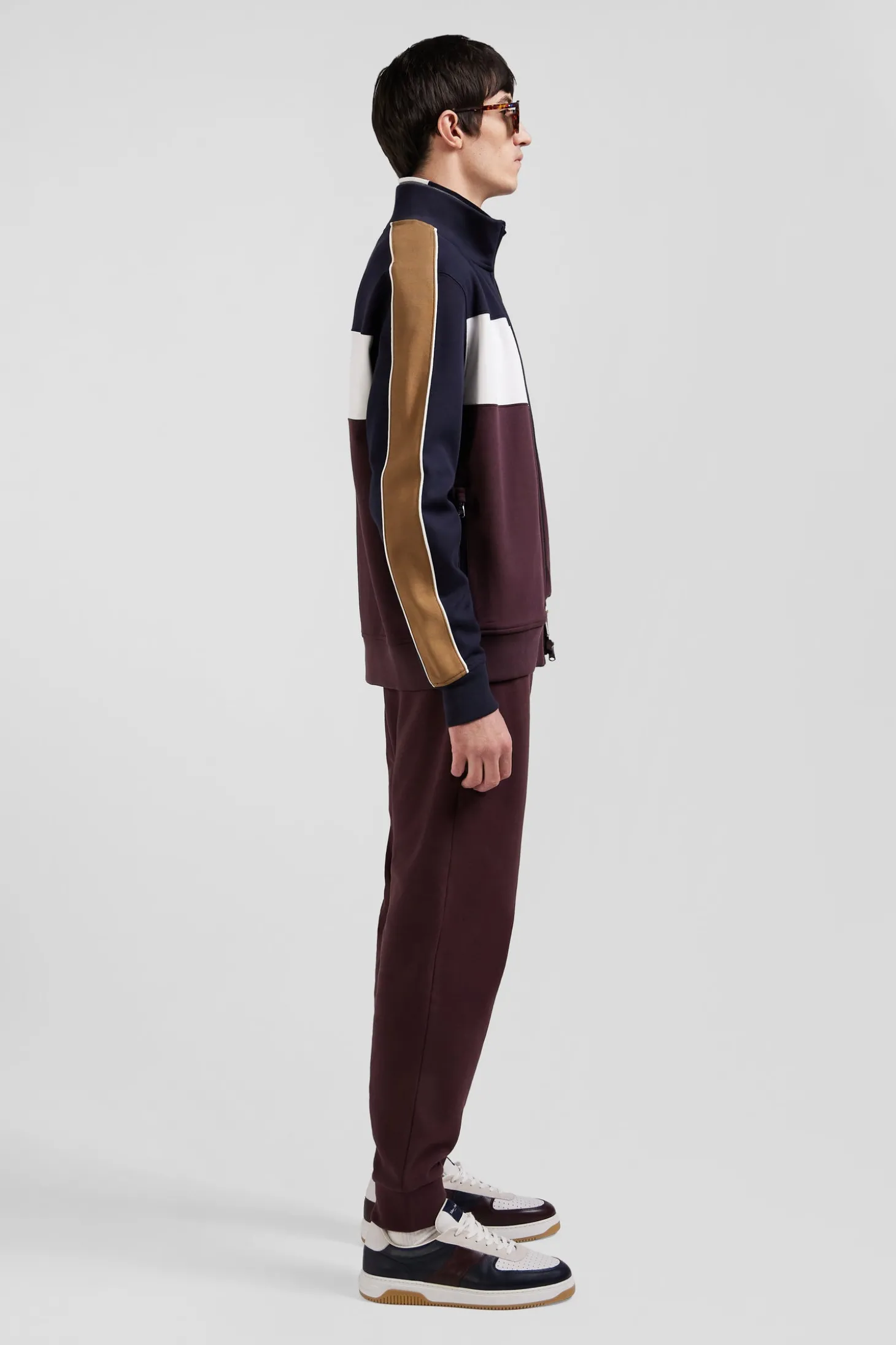 Regular burgundy colorblock zipped cotton blend sweatshirt