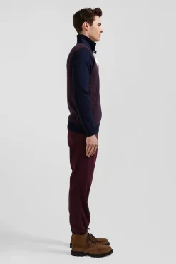 Regular burgundy cotton jumper with houndstooth jacquard and rugby shirt collar