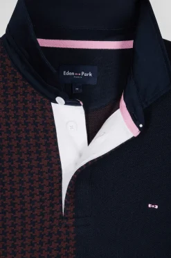 Regular burgundy cotton jumper with houndstooth jacquard and rugby shirt collar