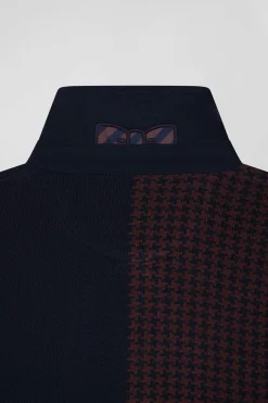 Regular burgundy cotton jumper with houndstooth jacquard and rugby shirt collar