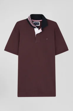 Regular burgundy cotton rugby shirt with striped undercollar
