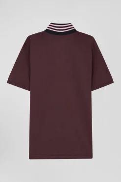Regular burgundy cotton rugby shirt with striped undercollar