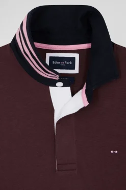 Regular burgundy cotton rugby shirt with striped undercollar
