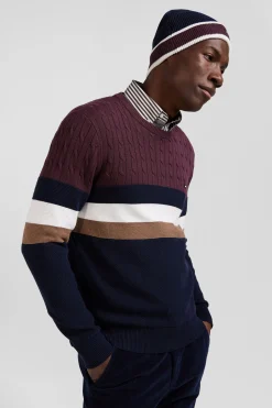 Regular burgundy fancy knit cotton crew neck jumper