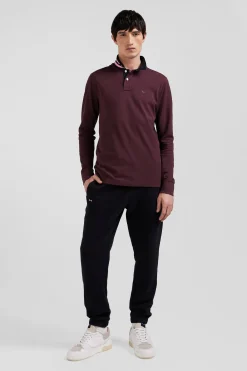 Regular burgundy long-sleeved cotton piqué polo shirt