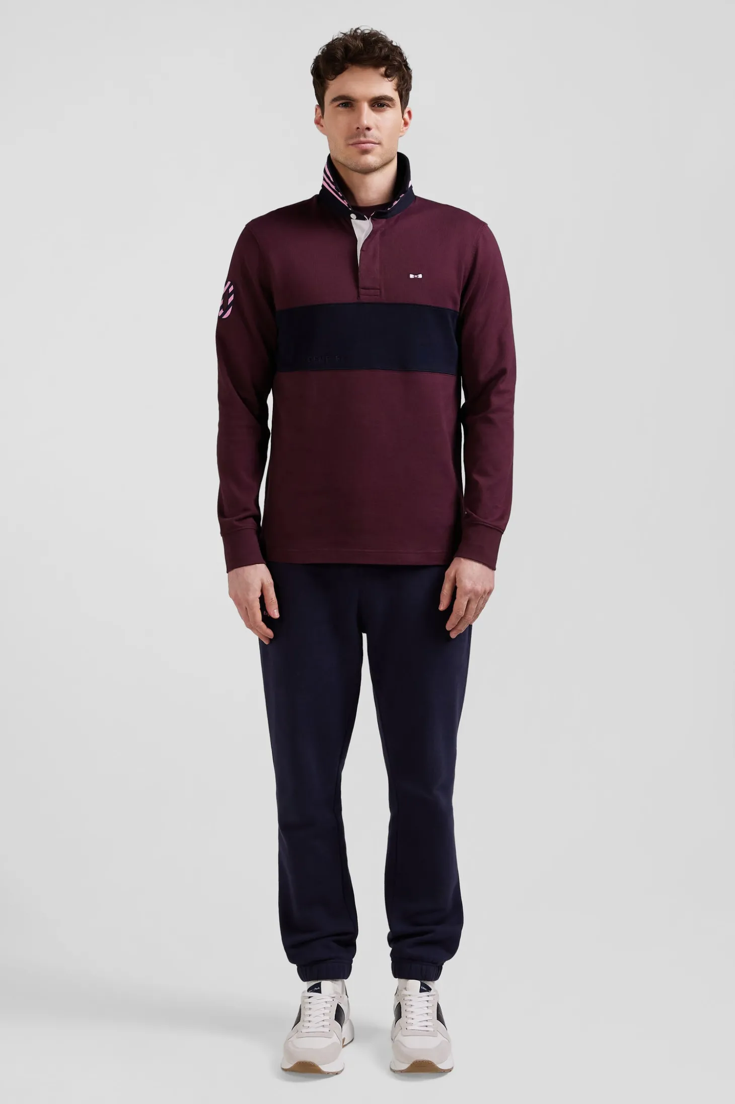 Regular burgundy long-sleeved cotton rugby shirt with sleeve N°10 embroidery