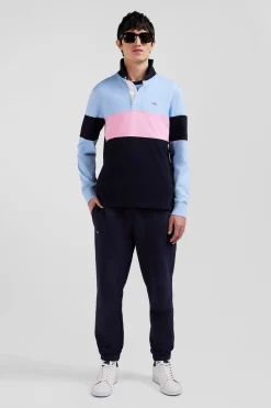 Regular burgundy long-sleeved colourblock cotton rugby shirt with back embroidery