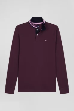 Regular burgundy long-sleeved cotton piqué polo shirt