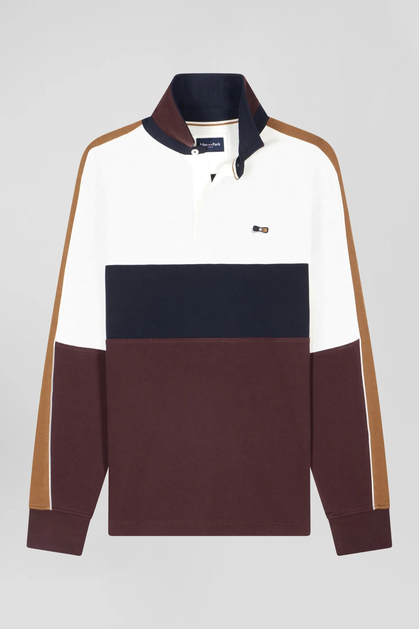 Regular burgundy long-sleeved cotton rugby shirt with back embroidery and piping