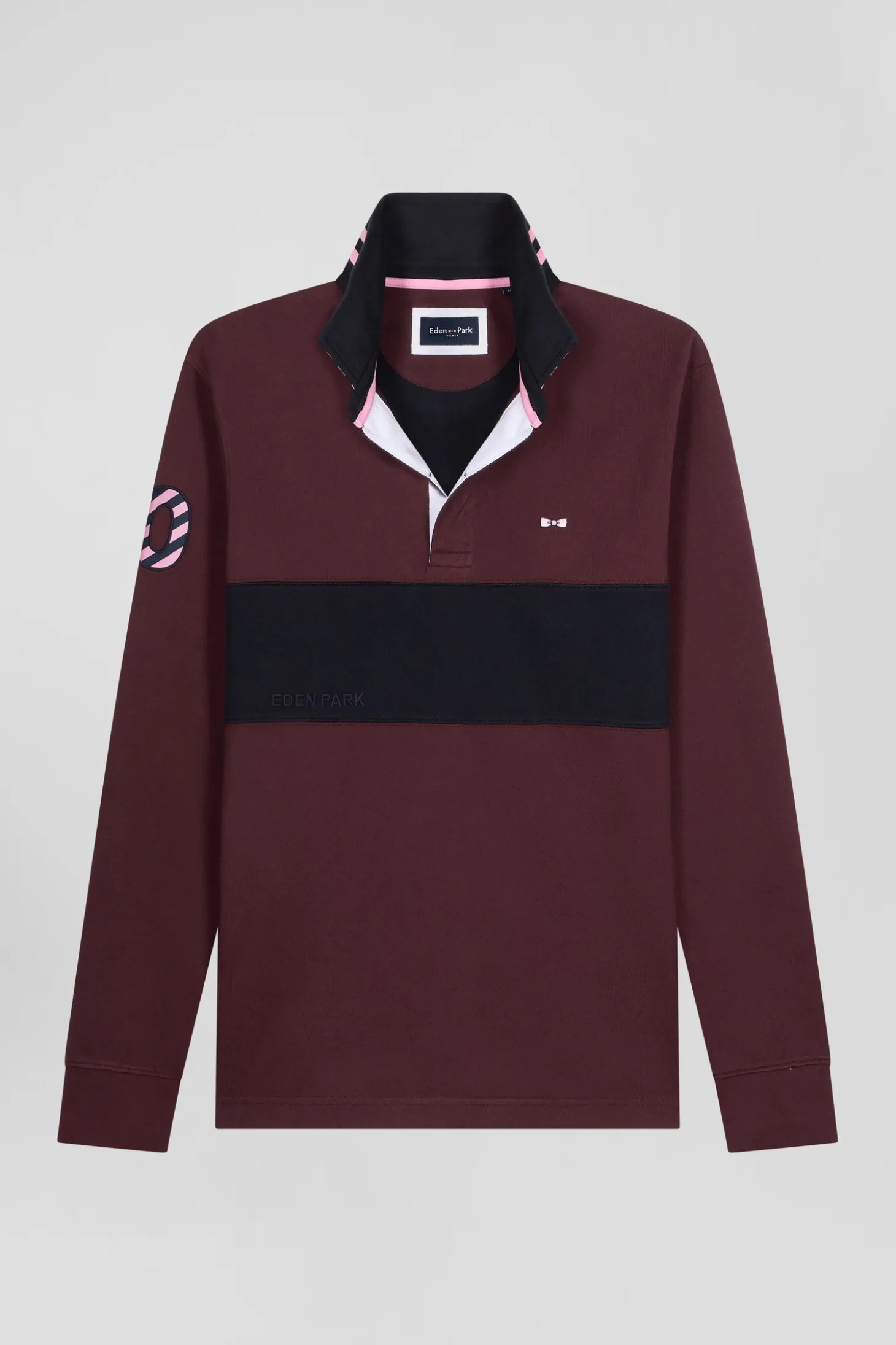 Regular burgundy long-sleeved cotton rugby shirt with sleeve N°10 embroidery