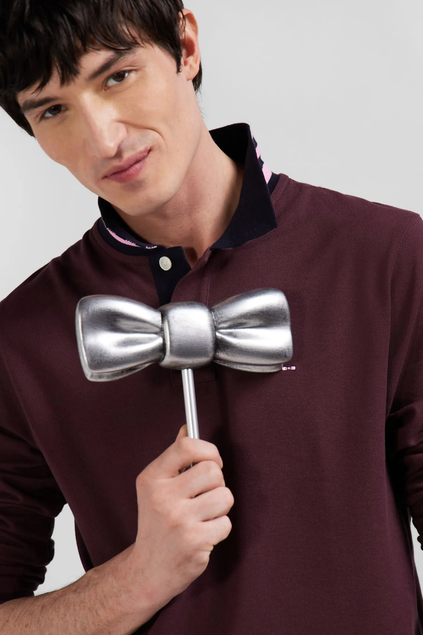 Regular burgundy long-sleeved cotton piqué polo shirt