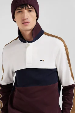 Regular burgundy long-sleeved cotton rugby shirt with back embroidery and piping