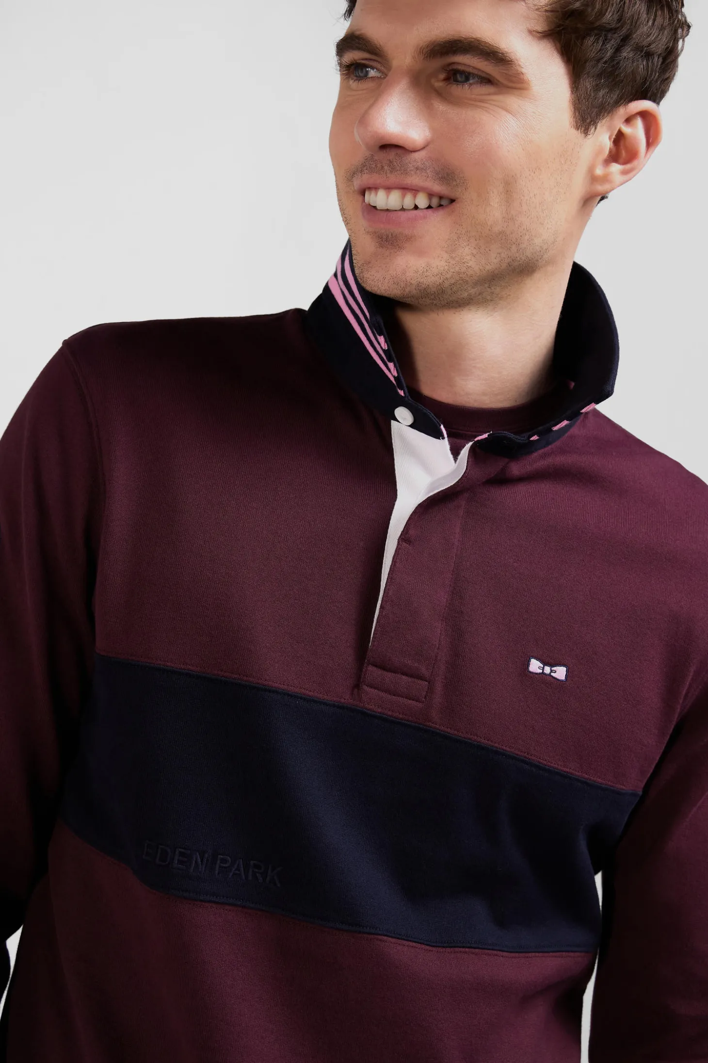 Regular burgundy long-sleeved cotton rugby shirt with sleeve N°10 embroidery